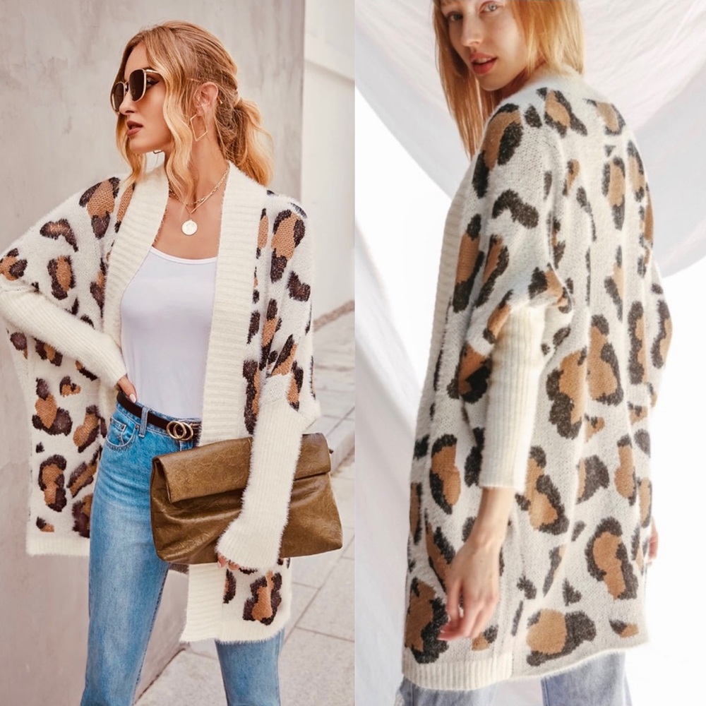 New Cozy Leopard Print Fuzzy Open Front Knit Card… - image 1